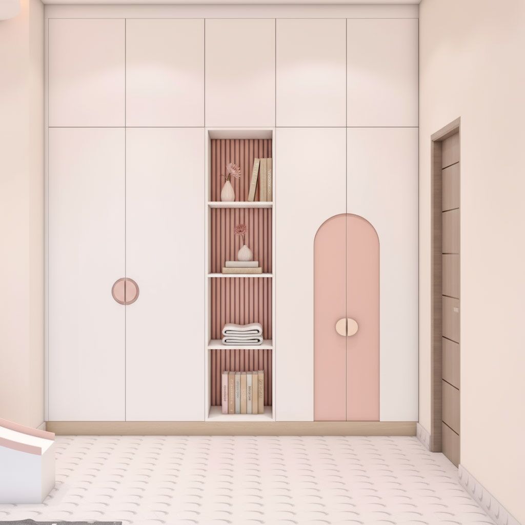 MODERN 2 DOOR SWING WARDROBE DESIGN IN PINK AND OFF WHITE SUEDE FINISH - Image 1